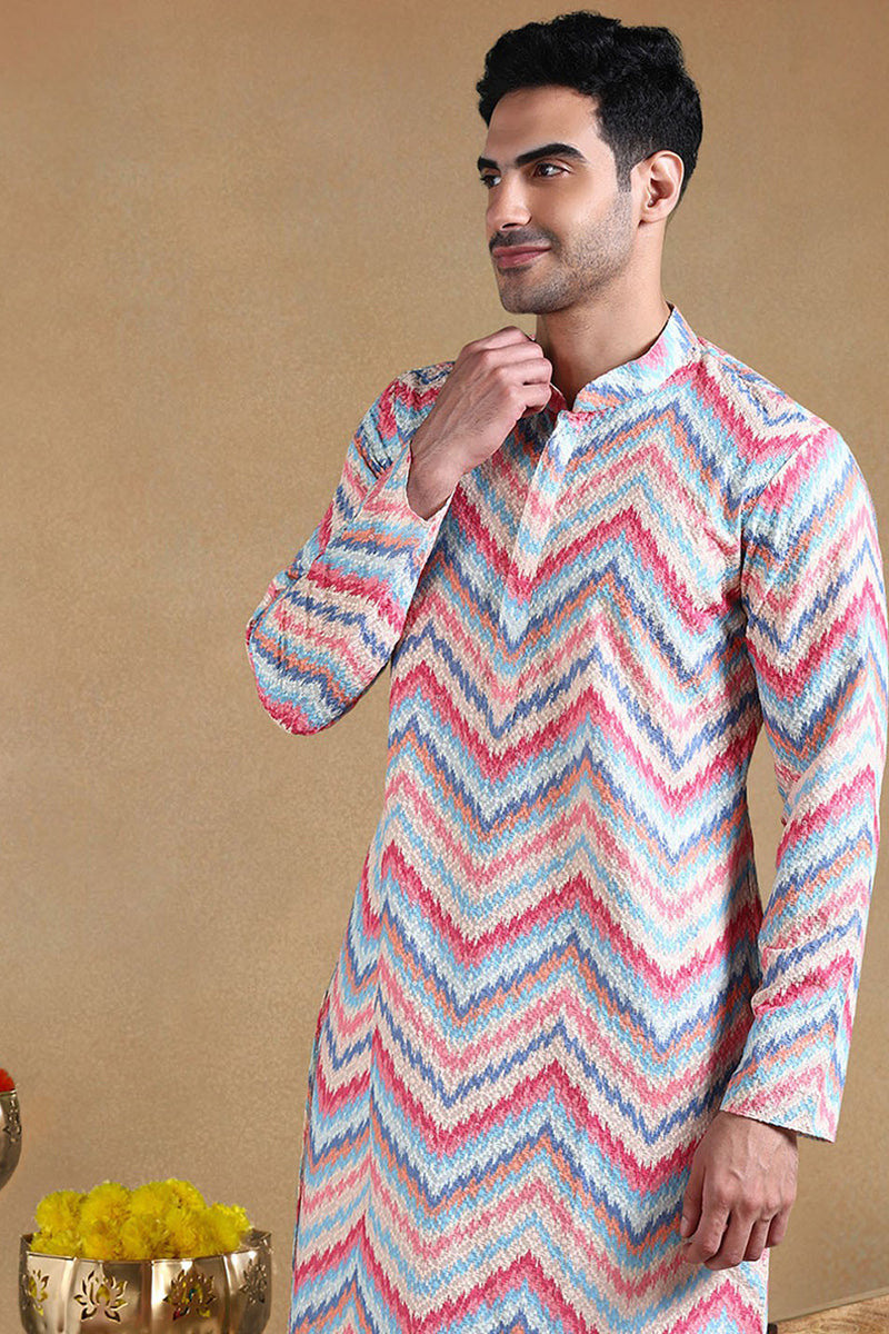 Pink Viscose Rayon Chevron Printed Straight Kurta with Trousers MKSET1008PNK