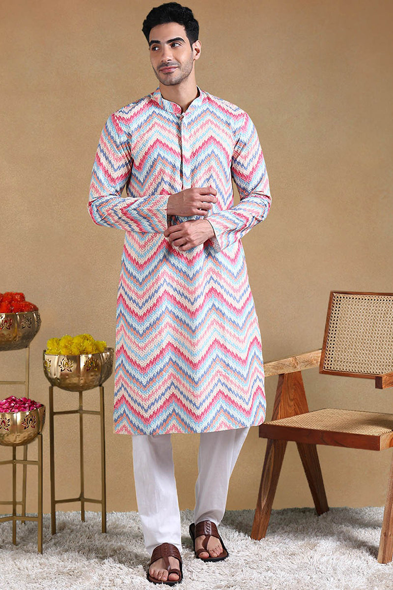 Pink Viscose Rayon Chevron Printed Straight Kurta with Trousers MKSET1008PNK