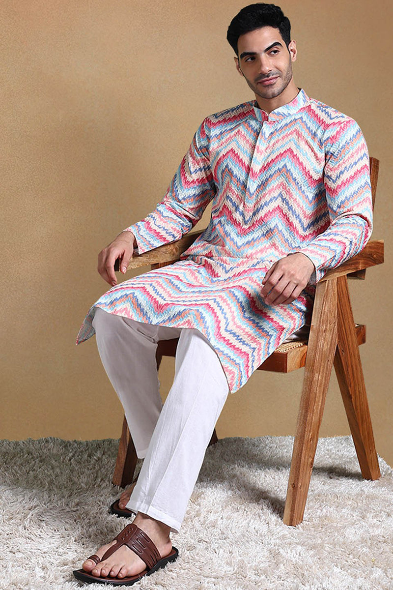 Pink Viscose Rayon Chevron Printed Straight Kurta with Trousers MKSET1008PNK