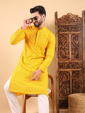 Men Yellow Viscose Rayon Solid Embroidered Straight Kurta with Trousers-MKSET1010YLW