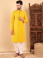 Men Yellow Viscose Rayon Solid Embroidered Straight Kurta with Trousers-MKSET1010YLW