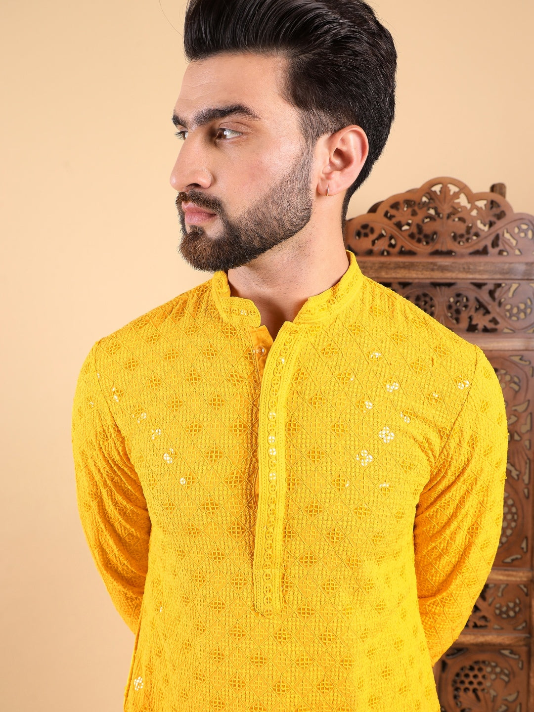 Men Yellow Viscose Rayon Solid Embroidered Straight Kurta with Trousers-MKSET1010YLW