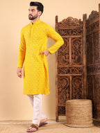 Men Yellow Viscose Rayon Solid Embroidered Straight Kurta with Trousers-MKSET1010YLW