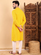 Men Yellow Viscose Rayon Solid Embroidered Straight Kurta with Trousers-MKSET1010YLW