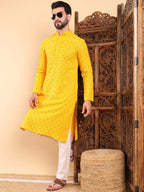 Men Yellow Viscose Rayon Solid Embroidered Straight Kurta with Trousers-MKSET1010YLW