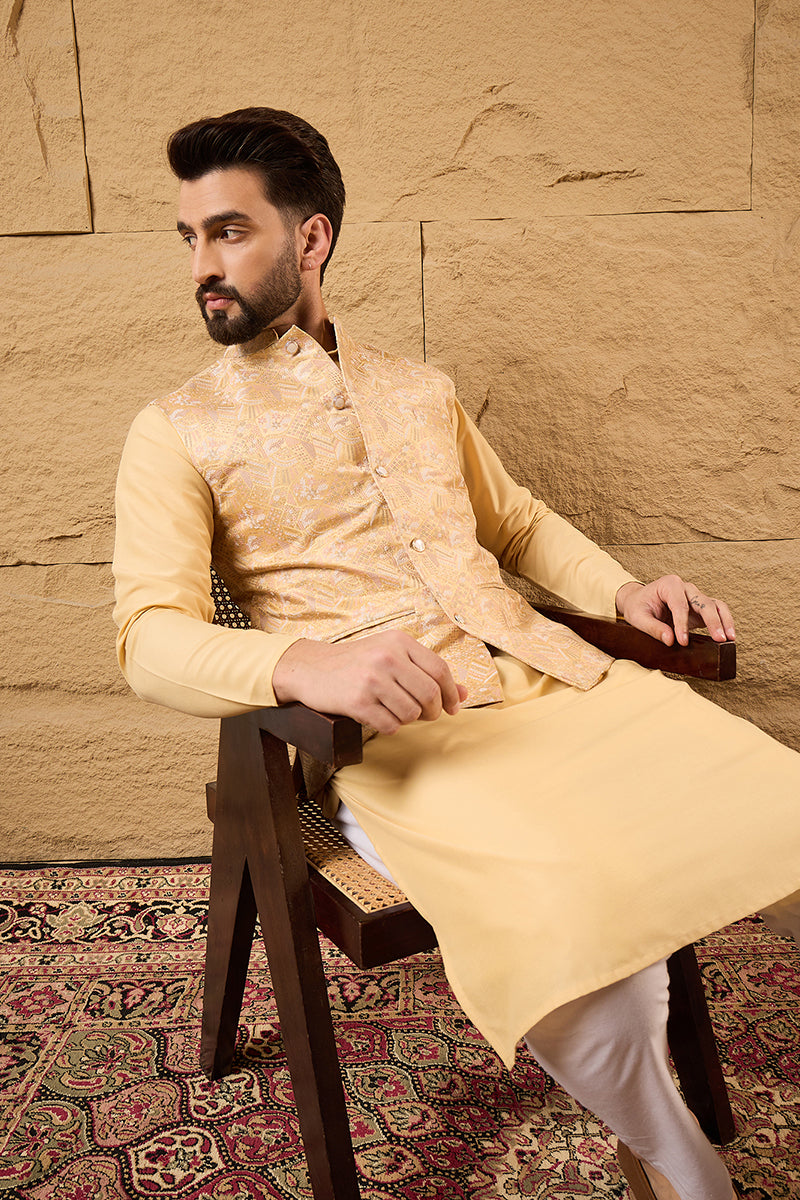 Yellow Silk Blend Woven Design Indian Wear for Men | DesiQlo India