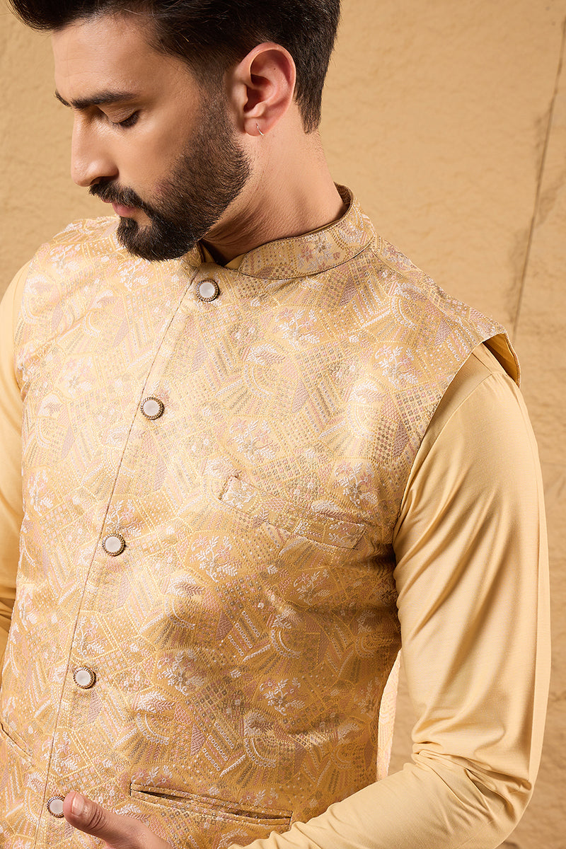 Yellow Silk Blend Woven Design Indian Wear for Men | DesiQlo India