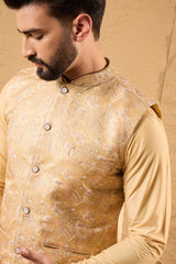 Yellow Silk Blend Woven Design Mandarin Collar Koti MKOT1012