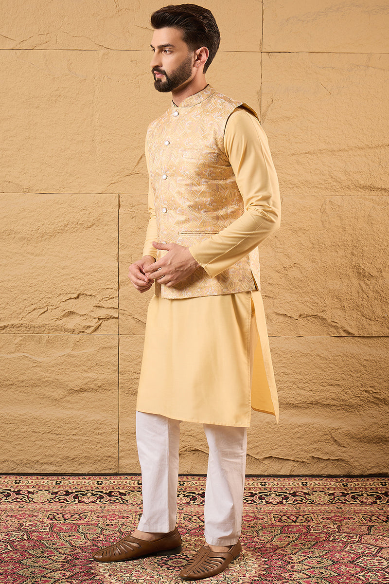 Yellow Silk Blend Woven Design Indian Wear for Men | DesiQlo India