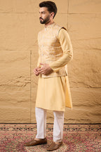 Yellow Silk Blend Woven Design Mandarin Collar Koti MKOT1012