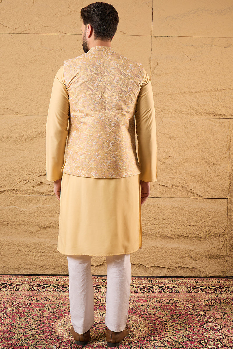 Yellow Silk Blend Woven Design Mandarin Collar Koti MKOT1012