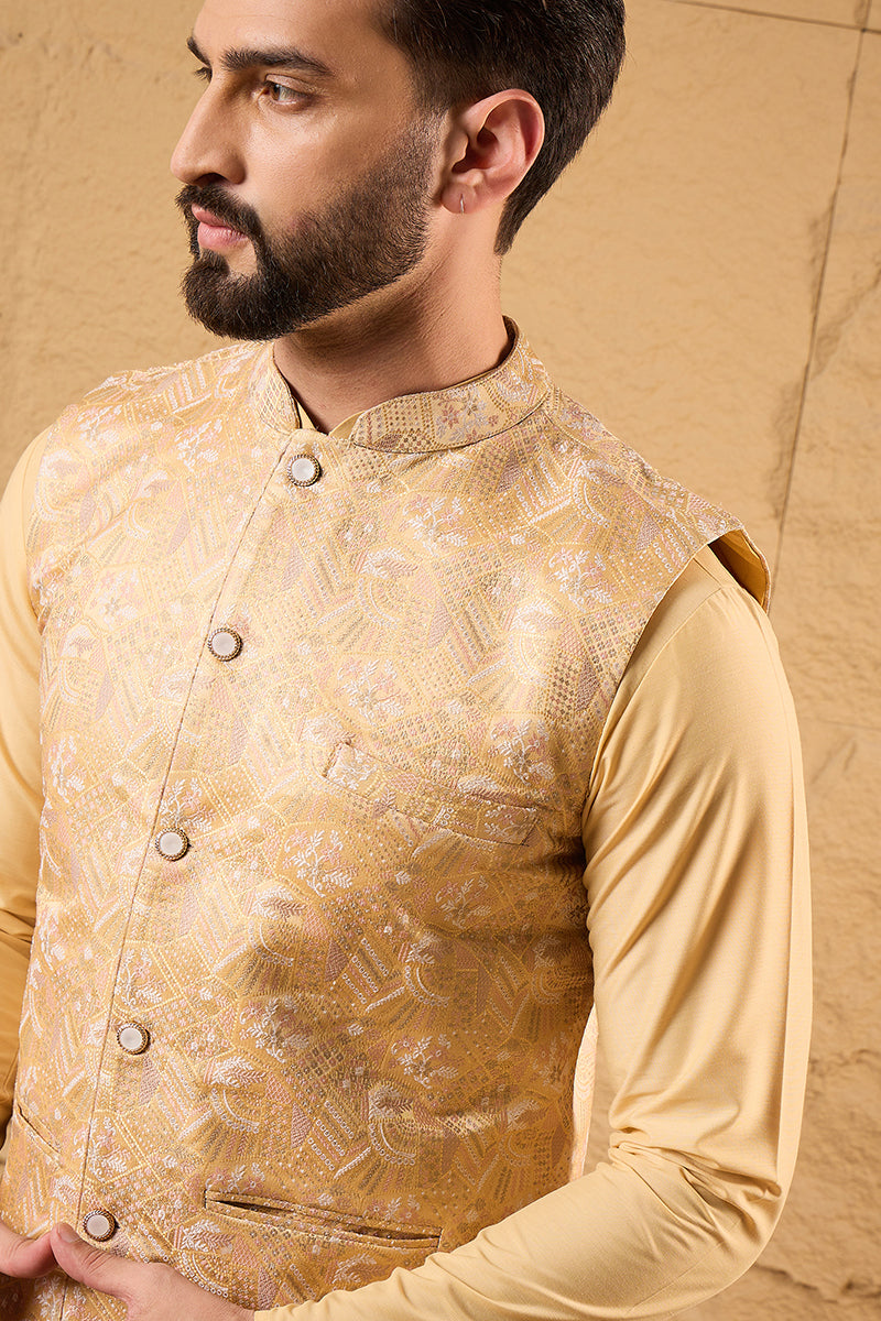 Yellow Silk Blend Woven Design Mandarin Collar Koti MKOT1012