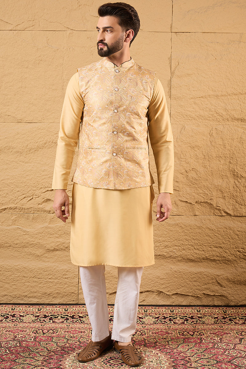 Yellow Silk Blend Woven Design Indian Wear for Men | DesiQlo India