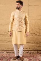 Yellow Silk Blend Woven Design Mandarin Collar Koti MKOT1012
