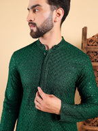 Men Green Viscose Rayon Solid Embroidered Straight Kurta with Trousers-MKSET1011GRN