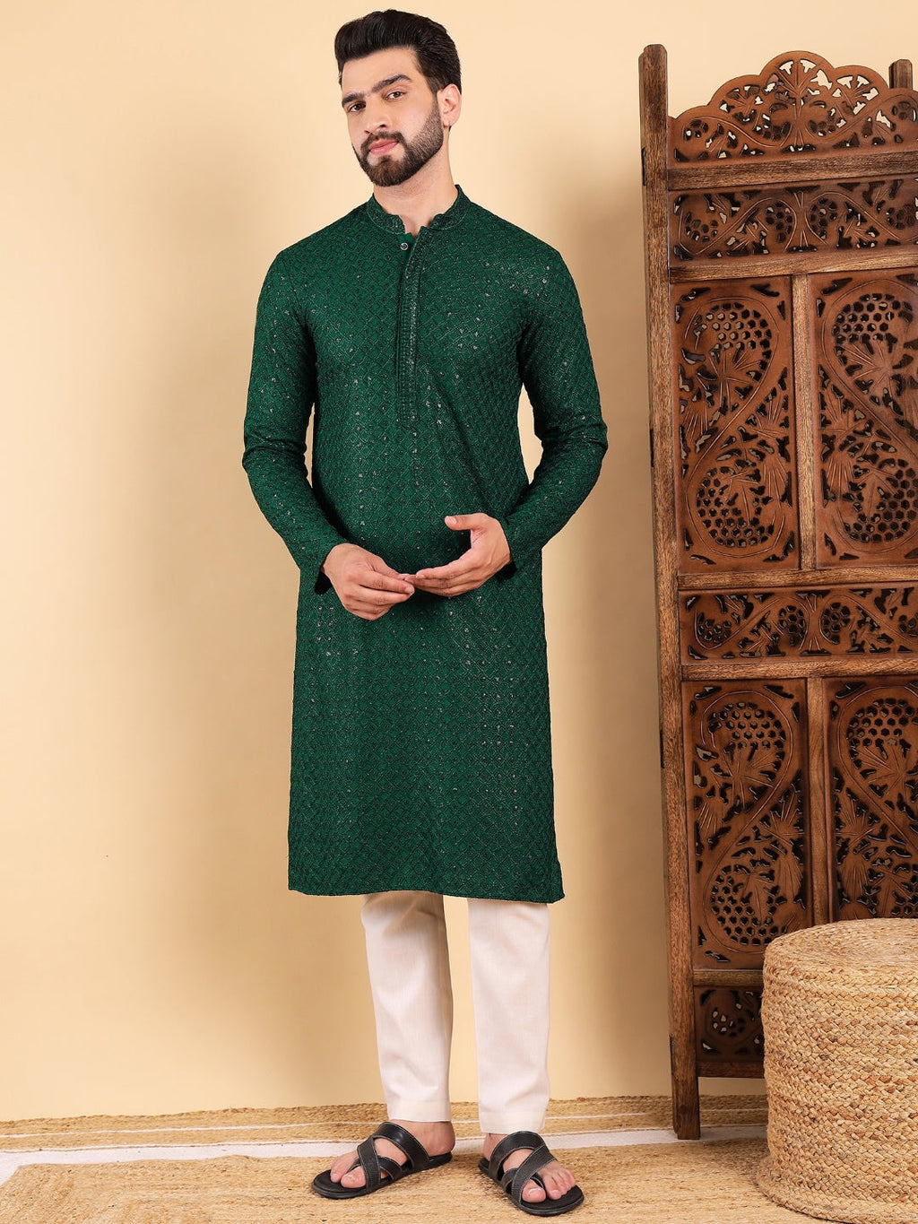 Men Green Viscose Rayon Solid Embroidered Straight Kurta with Trousers-MKSET1011GRN