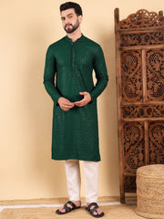 Men Green Viscose Rayon Solid Embroidered Straight Kurta with Trousers-MKSET1011GRN