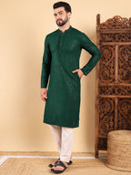 Men Green Viscose Rayon Solid Embroidered Straight Kurta with Trousers-MKSET1011GRN