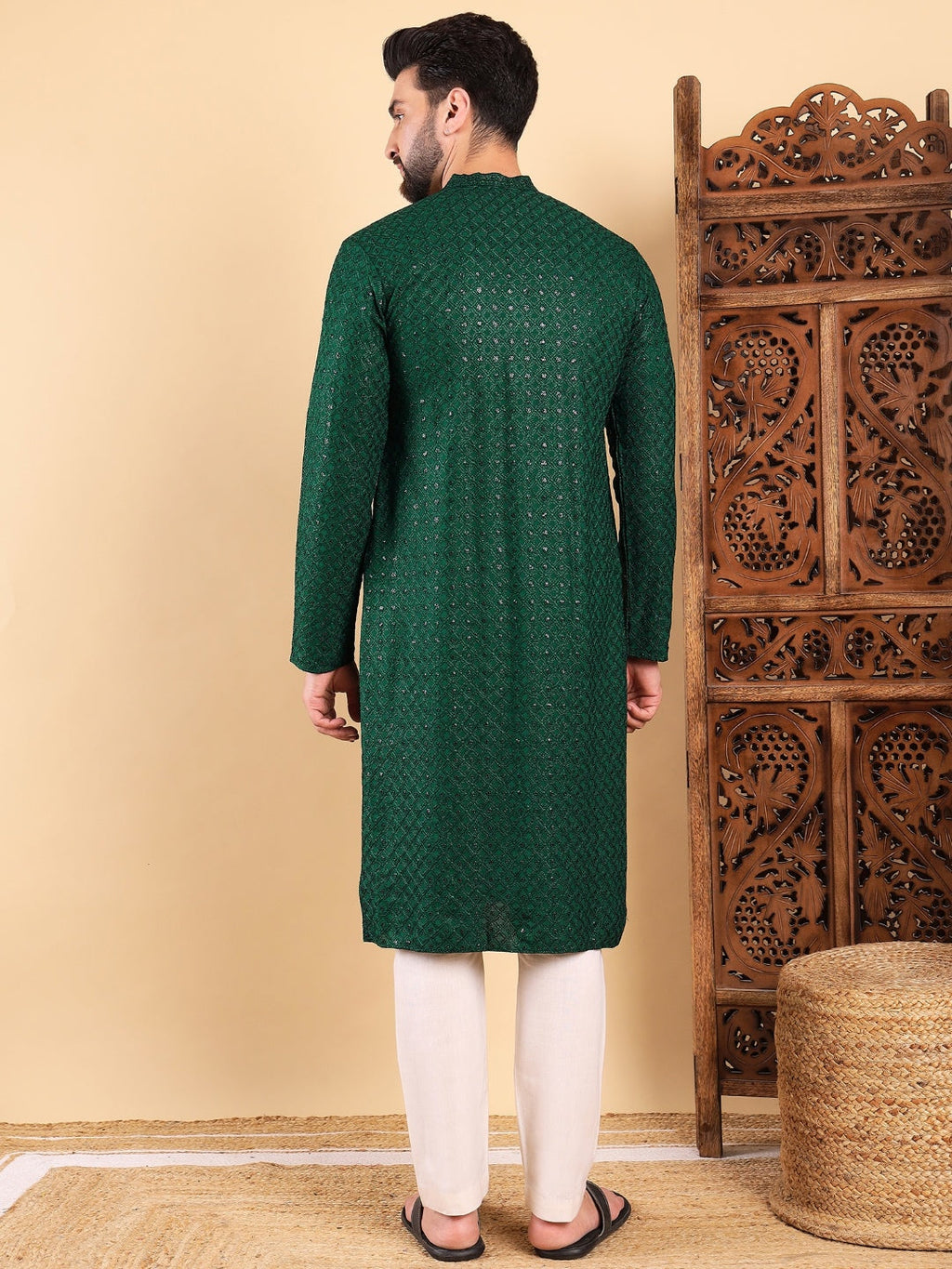 Men Green Viscose Rayon Solid Embroidered Straight Kurta with Trousers-MKSET1011GRN