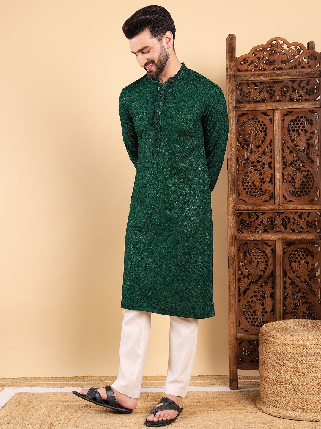 Men Green Viscose Rayon Solid Embroidered Straight Kurta with Trousers-MKSET1011GRN