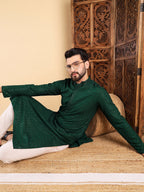 Men Green Viscose Rayon Solid Embroidered Straight Kurta with Trousers-MKSET1011GRN