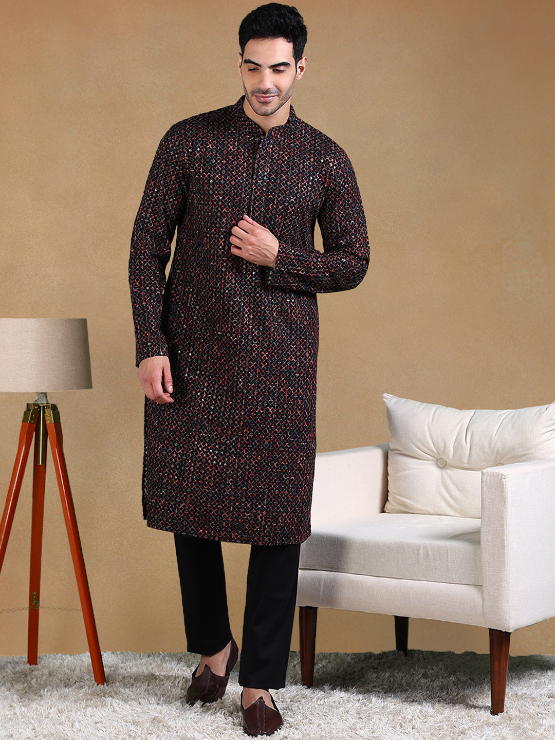 Men Black Viscose Rayon Geometric Dyed Straight Kurta with Trousers-MKSET1013BLK