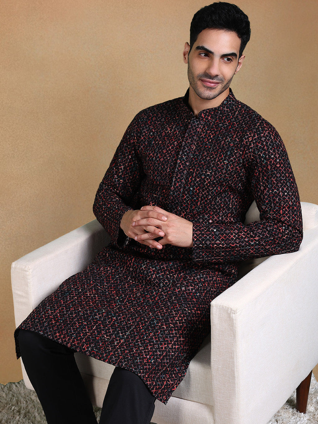 Men Black Viscose Rayon Geometric Dyed Straight Kurta with Trousers-MKSET1013BLK