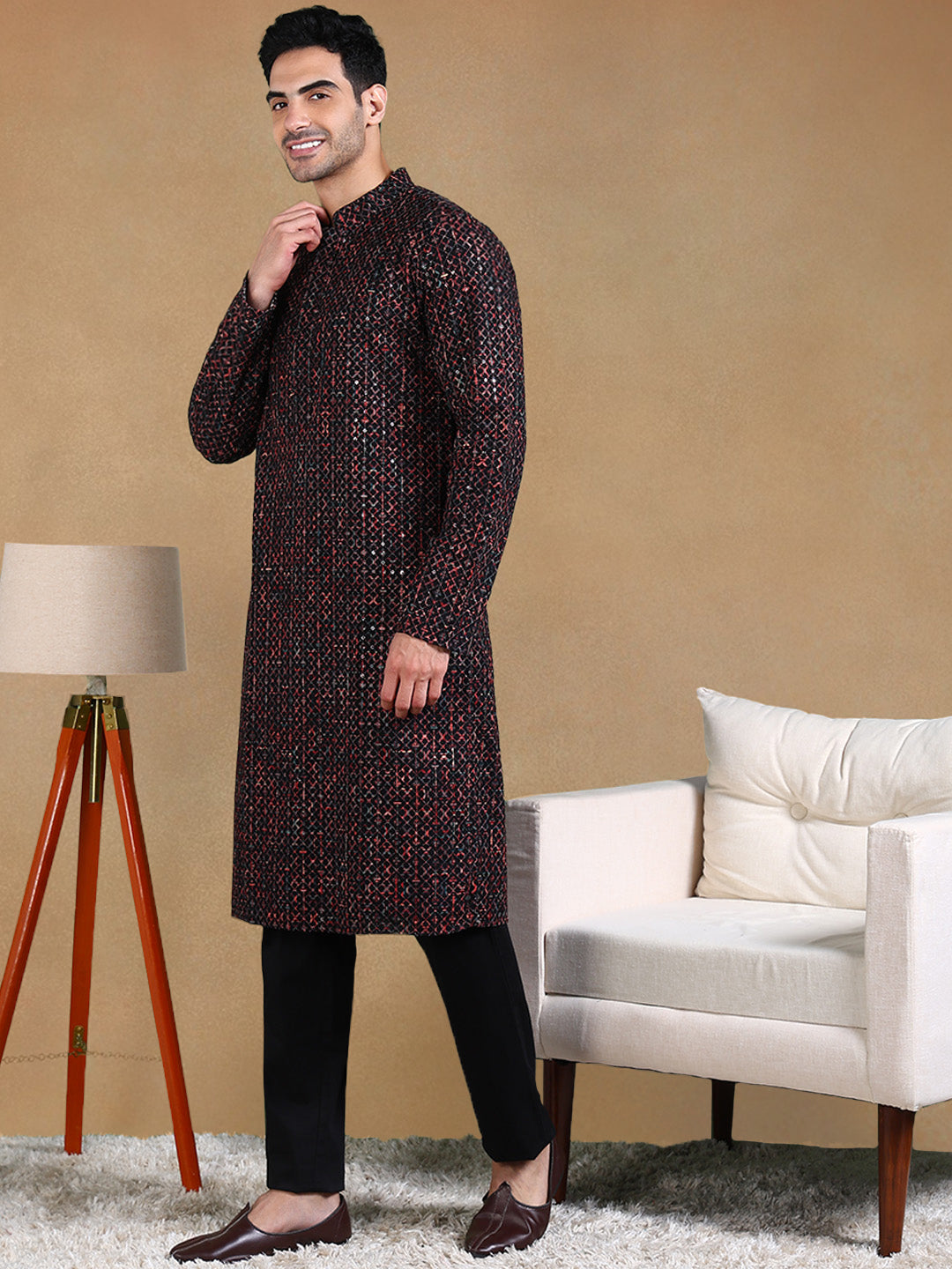 Men Black Viscose Rayon Geometric Dyed Straight Kurta with Trousers-MKSET1013BLK