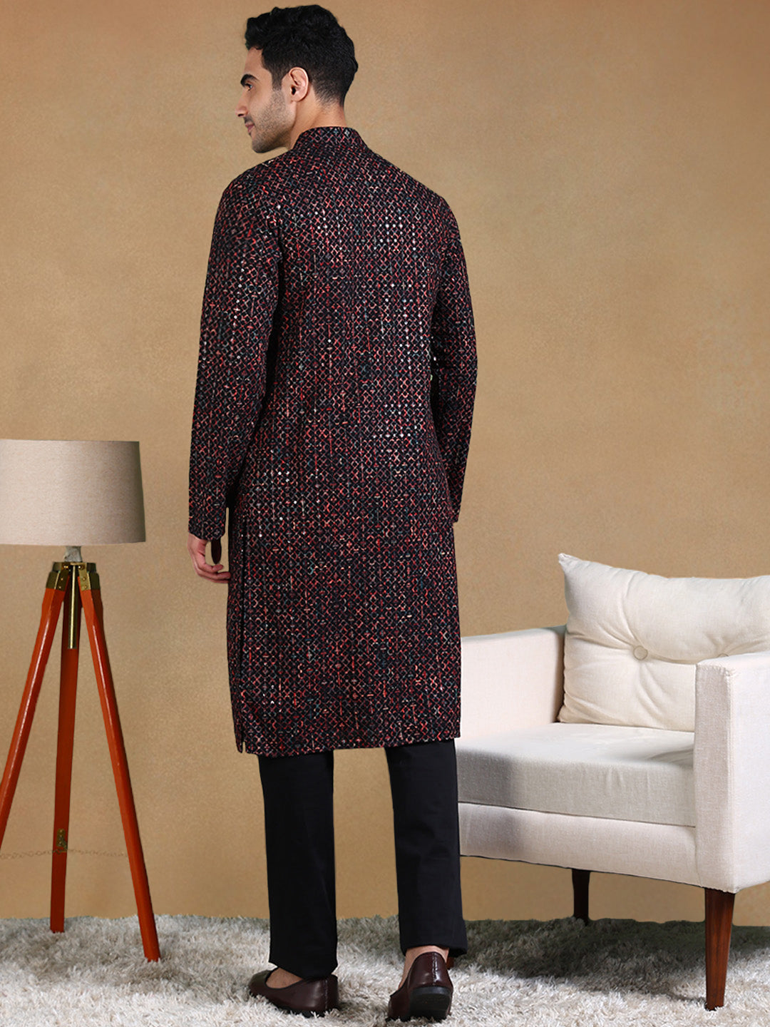 Men Black Viscose Rayon Geometric Dyed Straight Kurta with Trousers-MKSET1013BLK