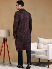 Men Black Viscose Rayon Geometric Dyed Straight Kurta with Trousers-MKSET1013BLK