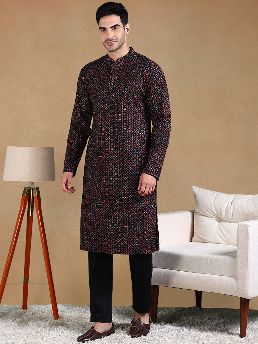 Men Black Viscose Rayon Geometric Dyed Straight Kurta with Trousers-MKSET1013BLK
