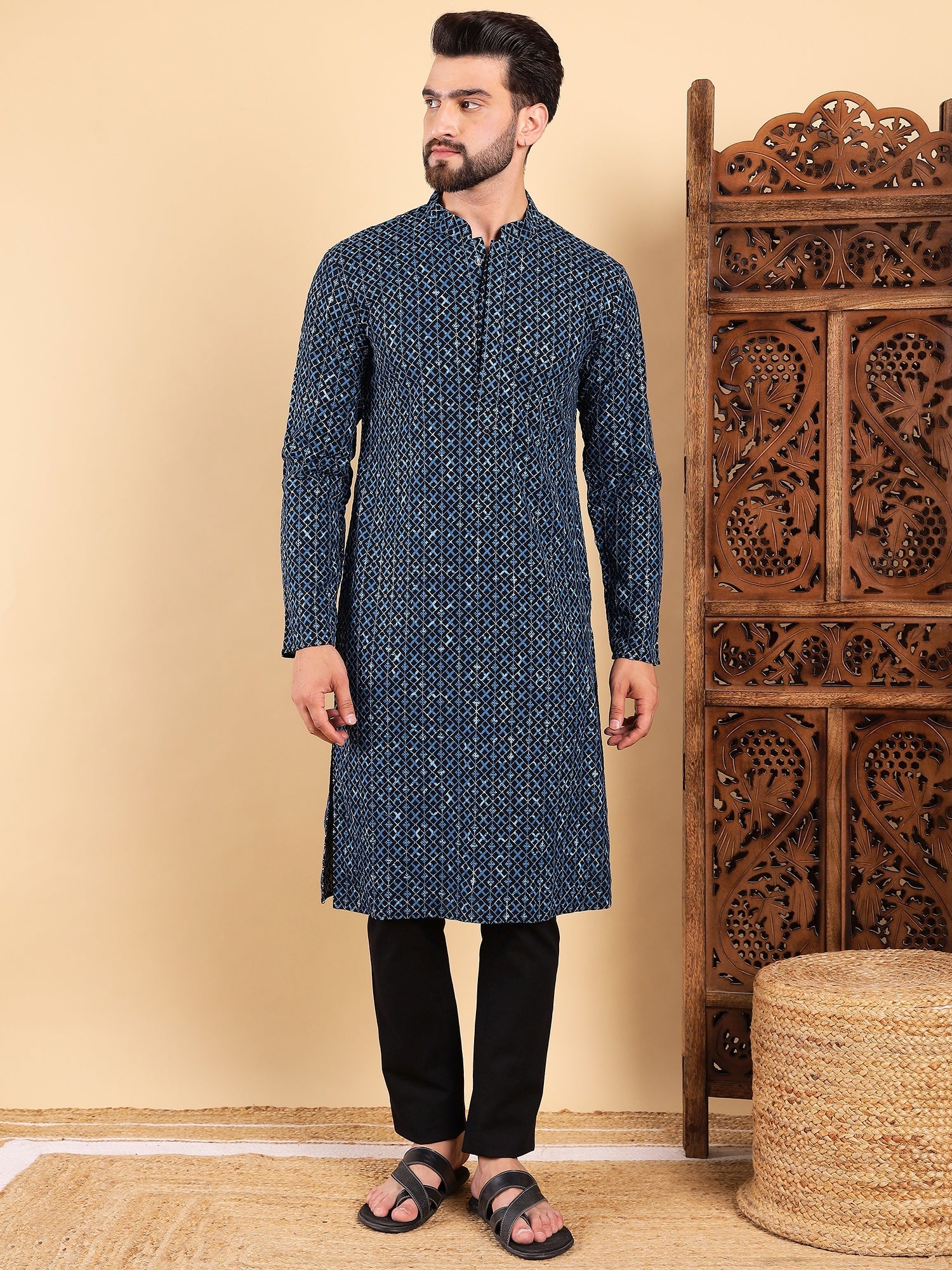 Men Blue Viscose Rayon Solid Dyed Straight Kurta with Trouser-MKSET1013BLU