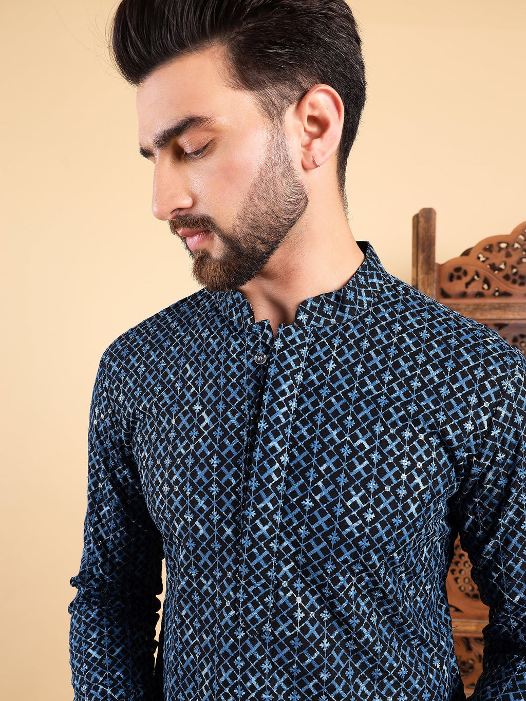 Men Blue Viscose Rayon Solid Dyed Straight Kurta with Trouser-MKSET1013BLU