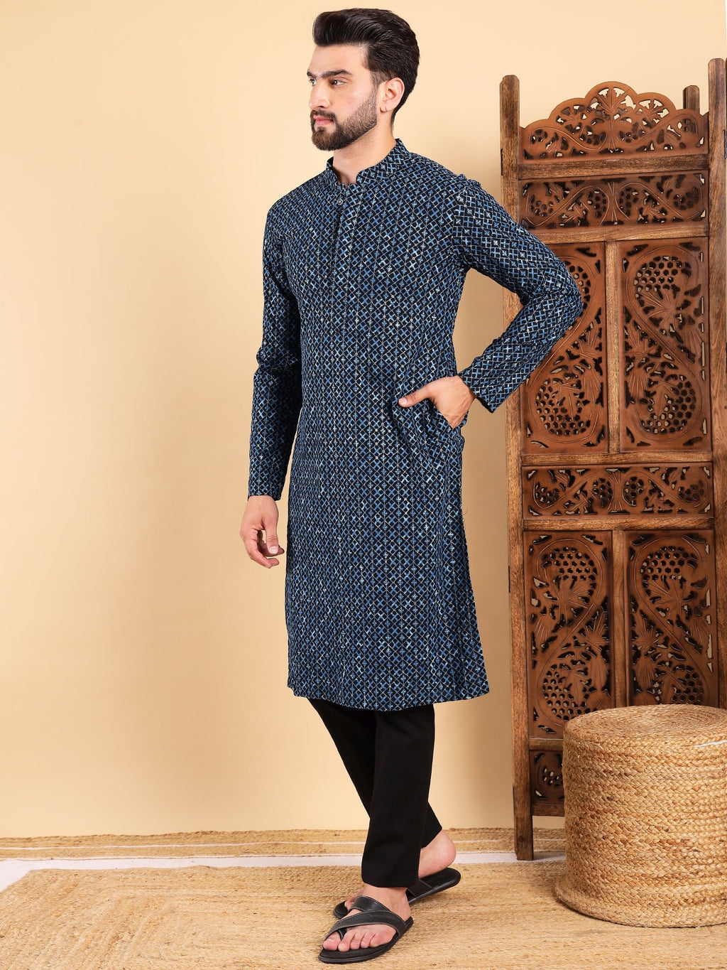 Men Blue Viscose Rayon Solid Dyed Straight Kurta with Trouser-MKSET1013BLU