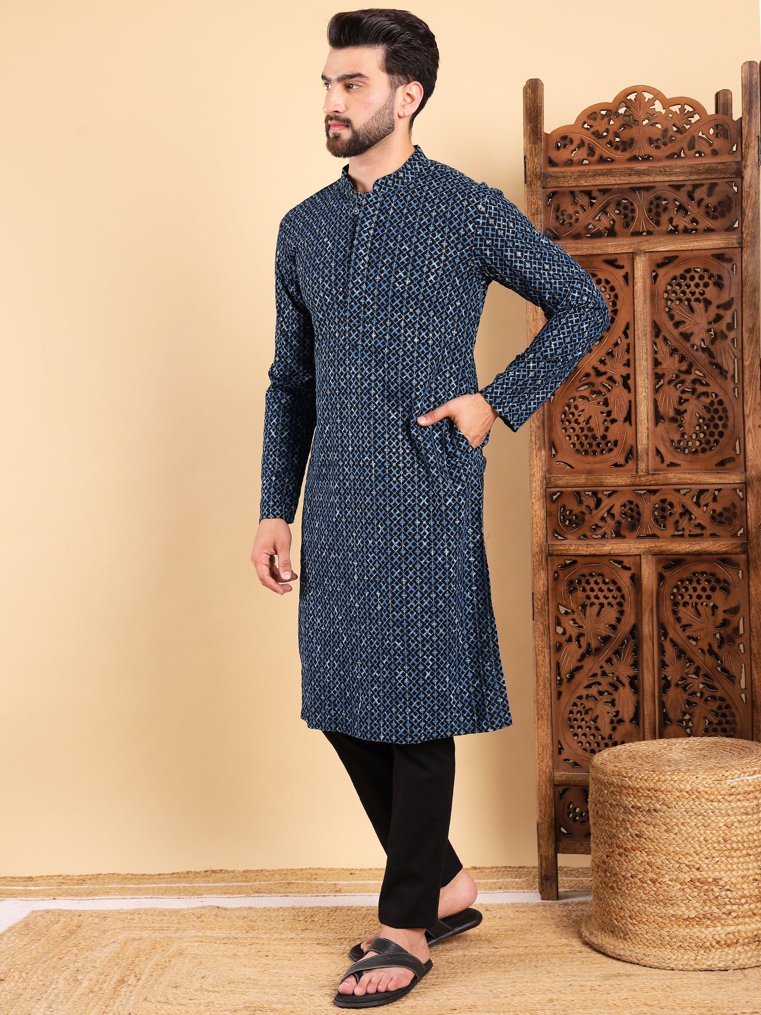 Men Blue Viscose Rayon Solid Dyed Straight Kurta with Trouser-MKSET1013BLU
