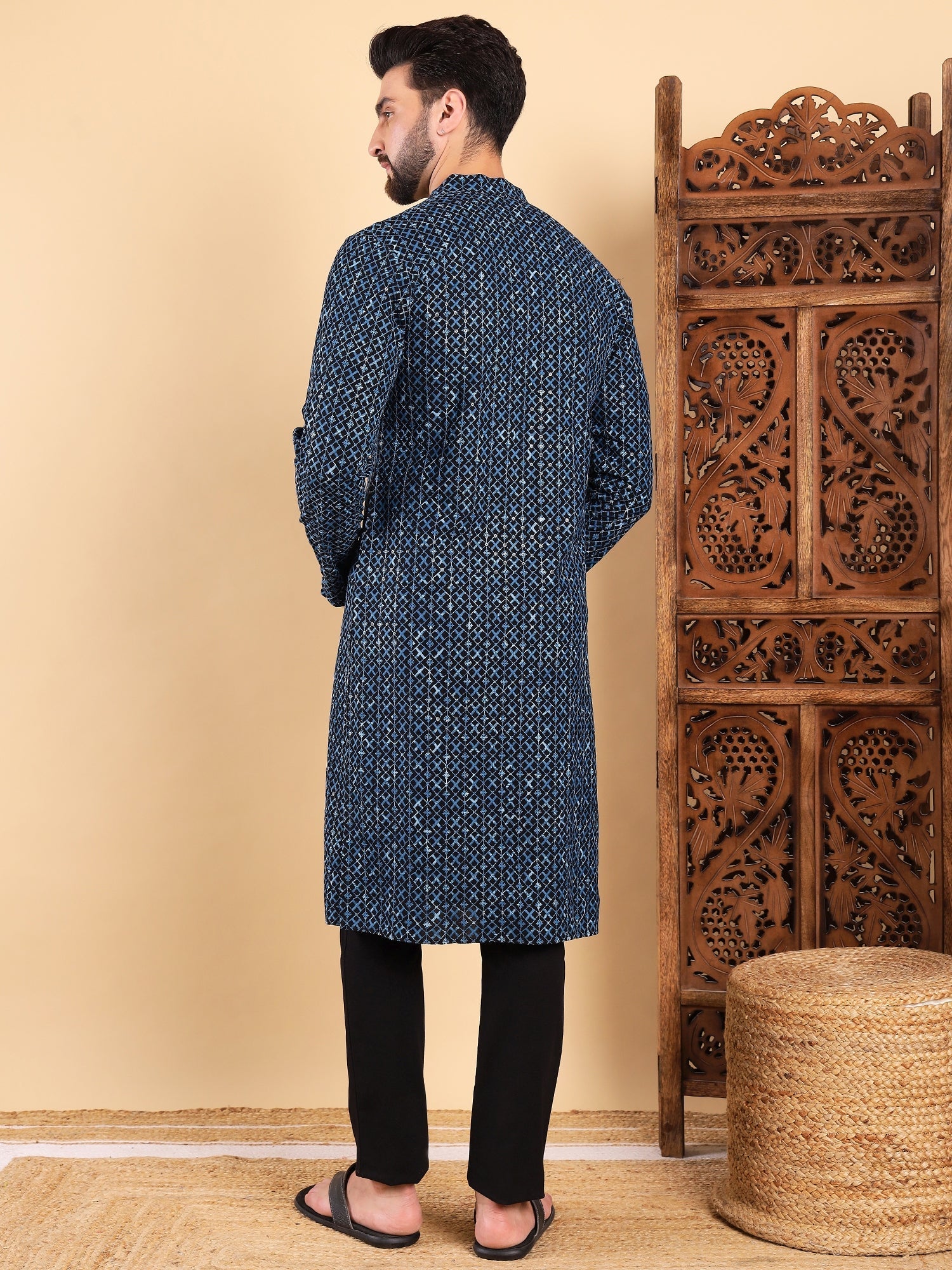 Men Blue Viscose Rayon Solid Dyed Straight Kurta with Trouser-MKSET1013BLU