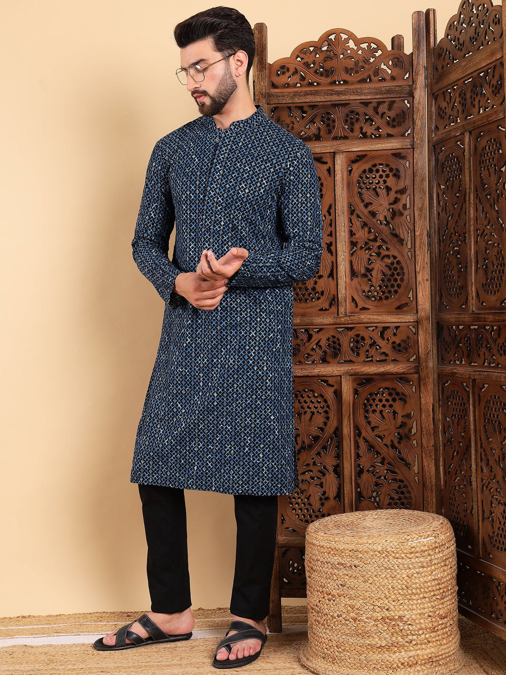 Men Blue Viscose Rayon Solid Dyed Straight Kurta with Trouser-MKSET1013BLU