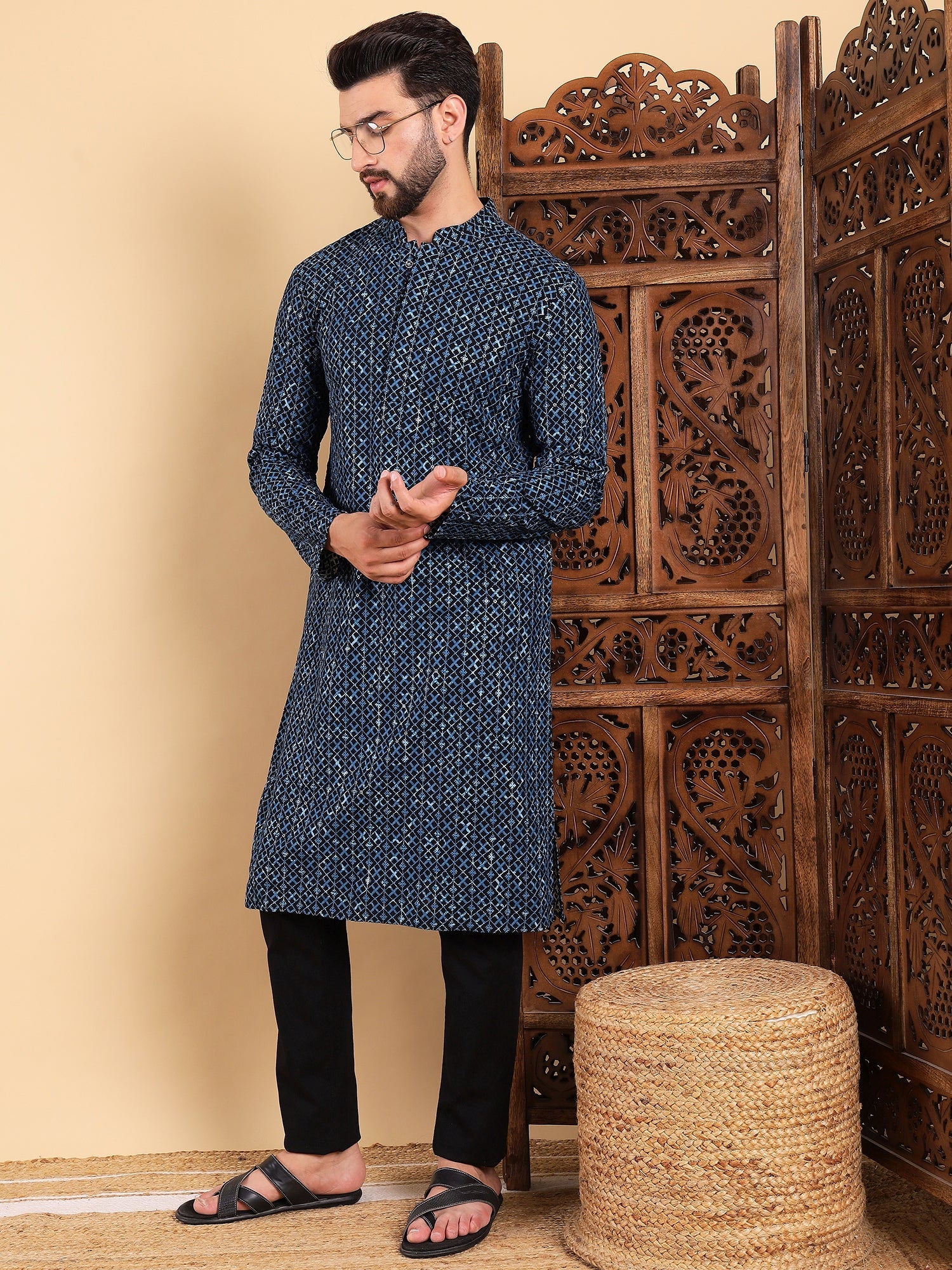 Men Blue Viscose Rayon Solid Dyed Straight Kurta with Trouser-MKSET1013BLU