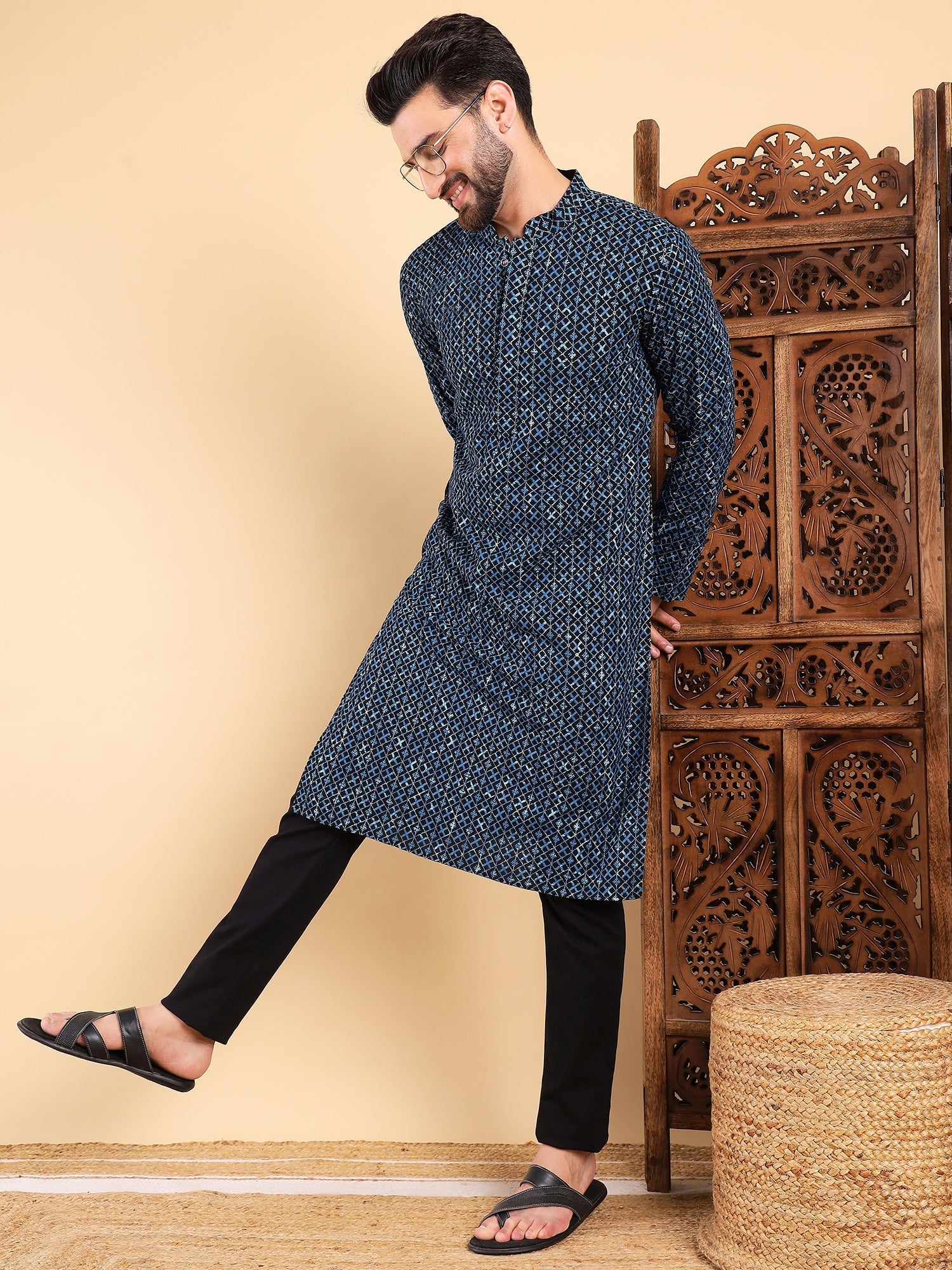 Men Blue Viscose Rayon Solid Dyed Straight Kurta with Trouser-MKSET1013BLU
