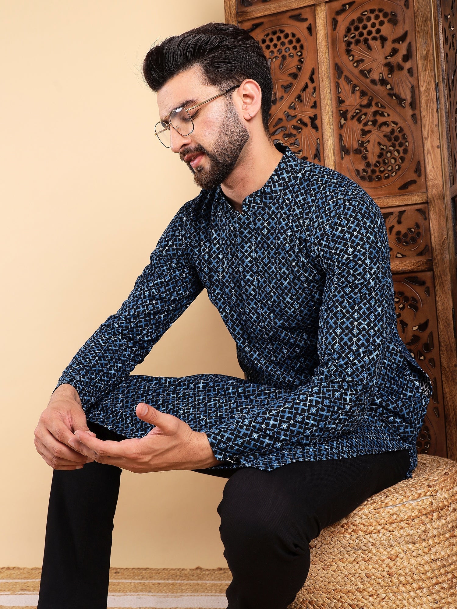 Men Blue Viscose Rayon Solid Dyed Straight Kurta with Trouser-MKSET1013BLU