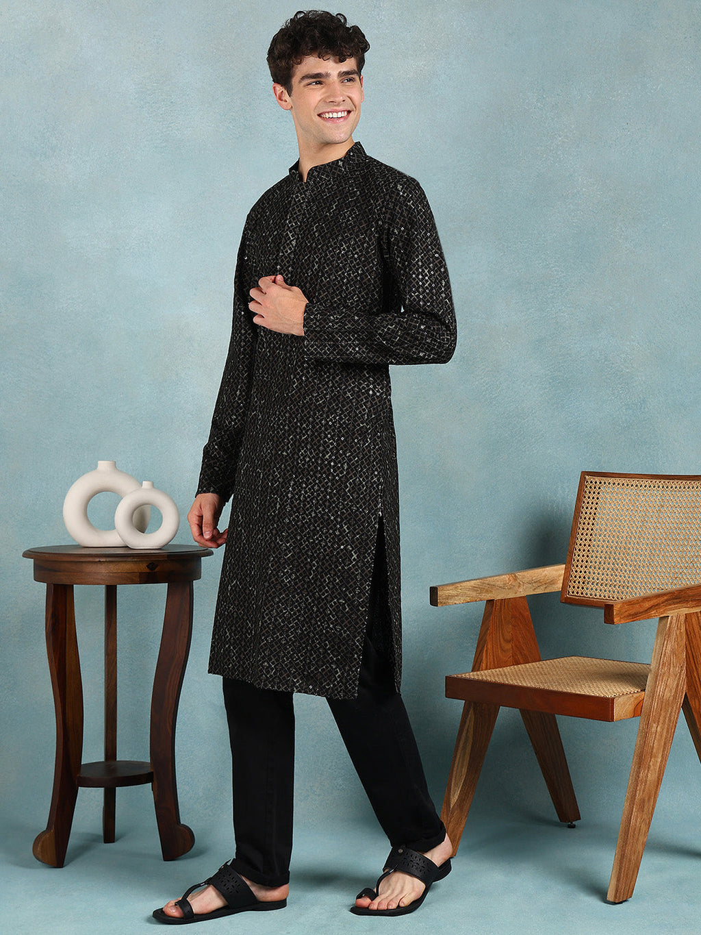 Men Green Viscose Rayon Solid Dyed Straight Kurta with Trouser-MKSET1013GRN