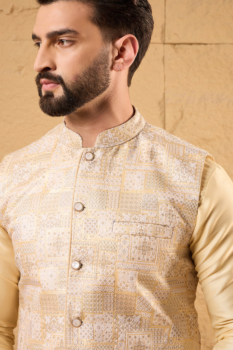 Cream Silk Blend Woven Design Indian Wear for Men | DesiQlo India