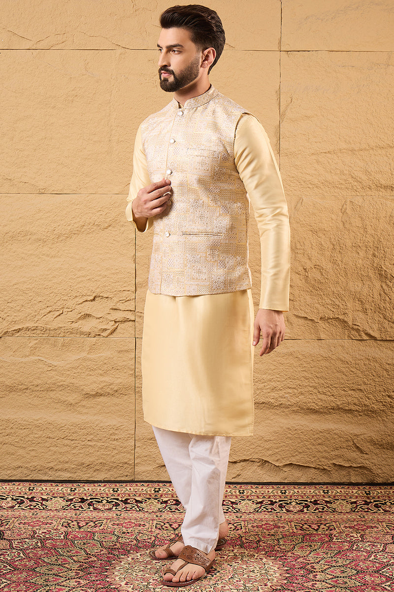 Cream Silk Blend Woven Design Indian Wear for Men | DesiQlo India