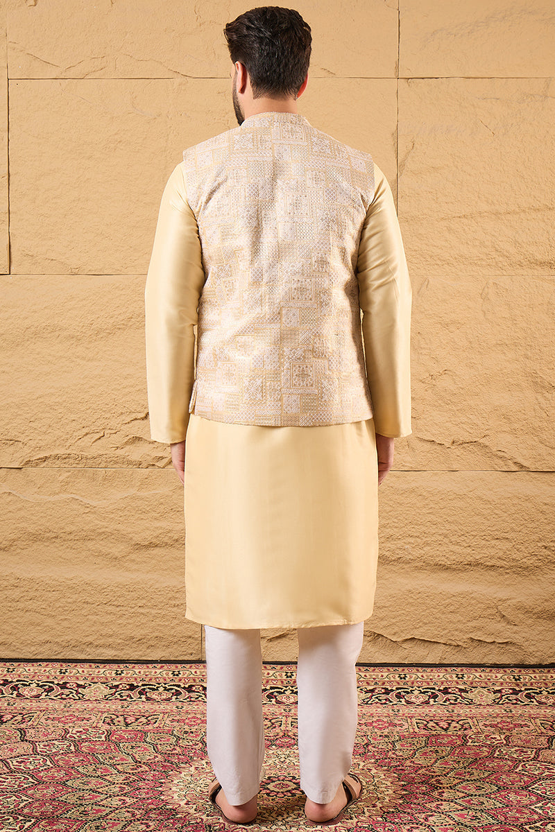 Cream Silk Blend Woven Design Indian Wear for Men | DesiQlo India
