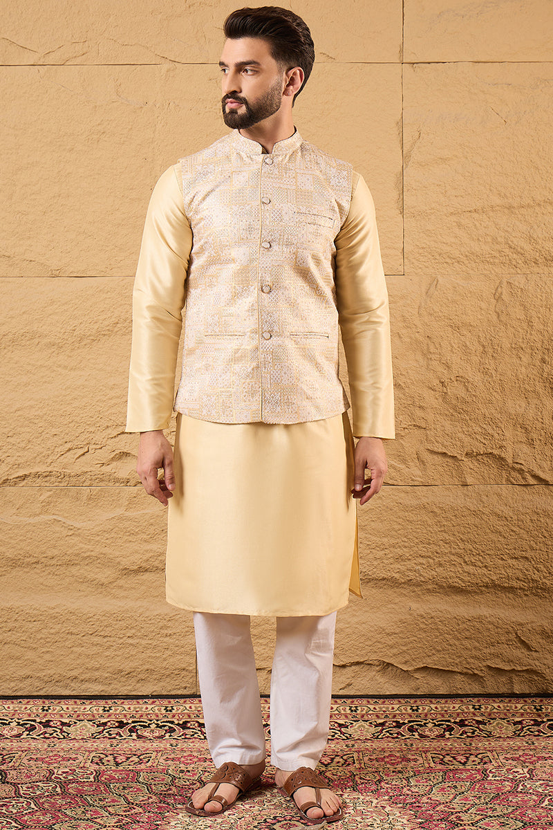 Cream Silk Blend Woven Design Indian Wear for Men | DesiQlo India