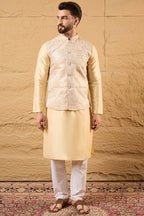 Cream Silk Blend Woven Design Mandarin Collar Koti MKOT1011