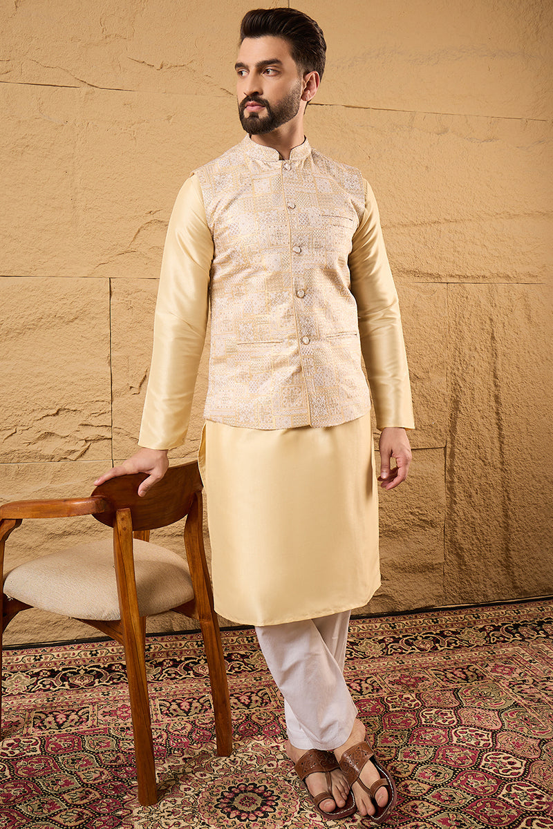 Cream Silk Blend Woven Design Mandarin Collar Koti MKOT1011