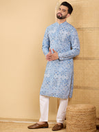 Men Blue Viscose Rayon Geometric Embroidered Straight Kurta with Trouser-MKSET1036