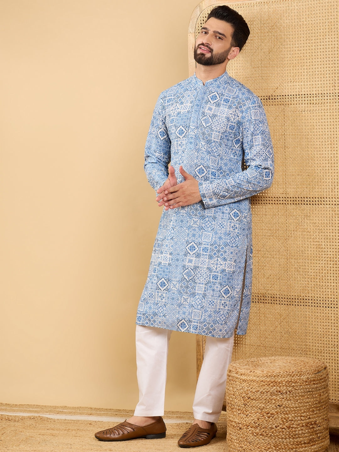 Men Blue Viscose Rayon Geometric Embroidered Straight Kurta with Trouser-MKSET1036