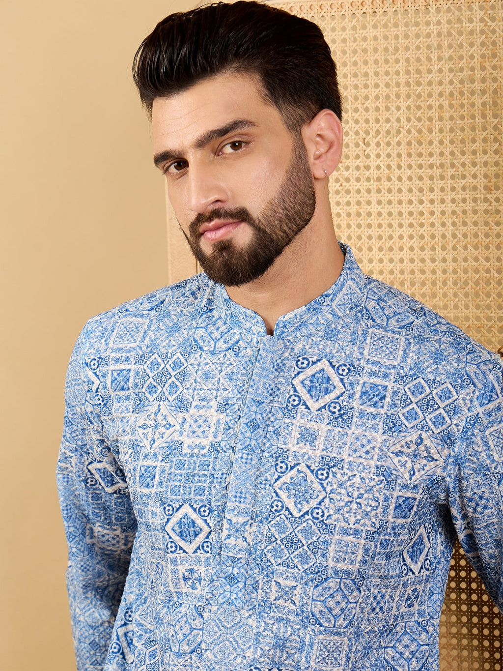 Men Blue Viscose Rayon Geometric Embroidered Straight Kurta with Trouser-MKSET1036